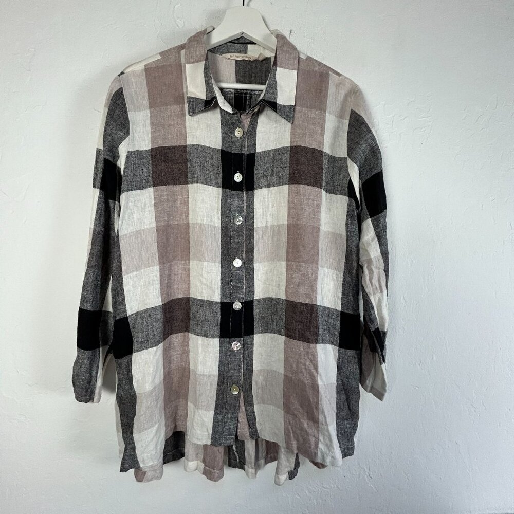 Soft Surroundings Womens Plaid Button-Up Shirt XL Linen Blend Zip-Back Tunic Top